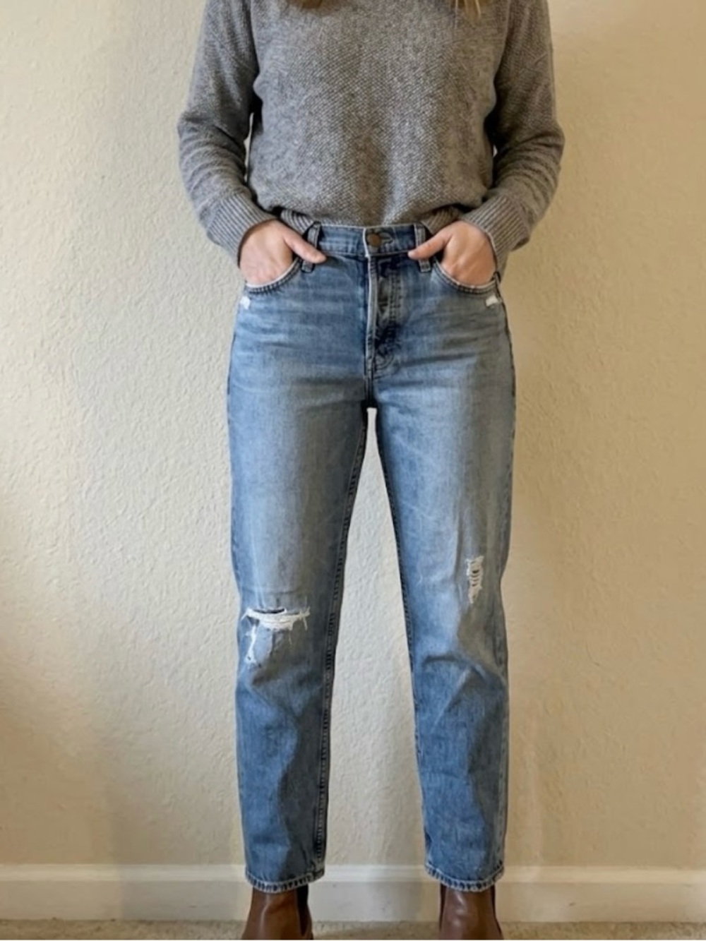 MOTHER size 27 Straight Leg Jeans in Light Blue with Distressing